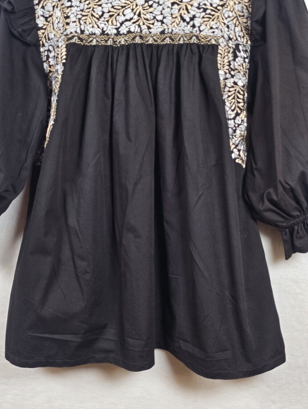 Mi Golondrina Black Floral Embroidered Blouse Sz.M Cotton Peasant Boho Top - Picture 8 of 14